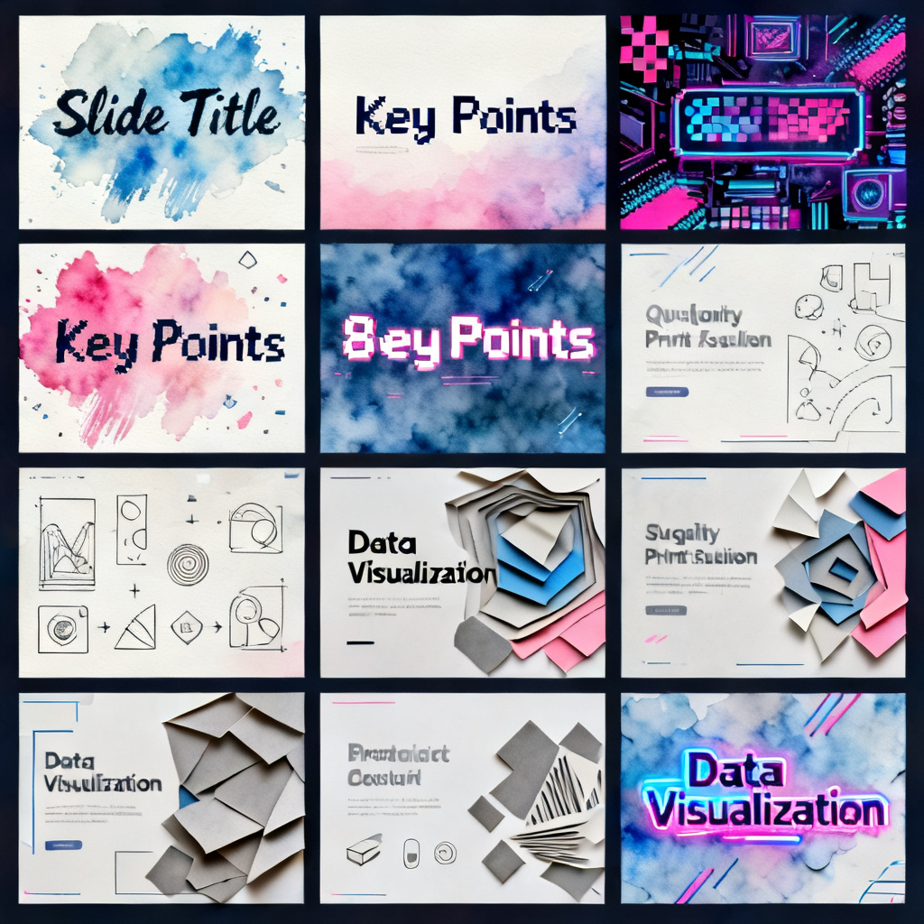 A grid of 12 presentation slides in various artistic styles: watercolor, pixel art, cyberpunk, paper cut-out, minimal line art, each slide has distinct typography and layout, all slides are coherent in theme, high-quality print resolution