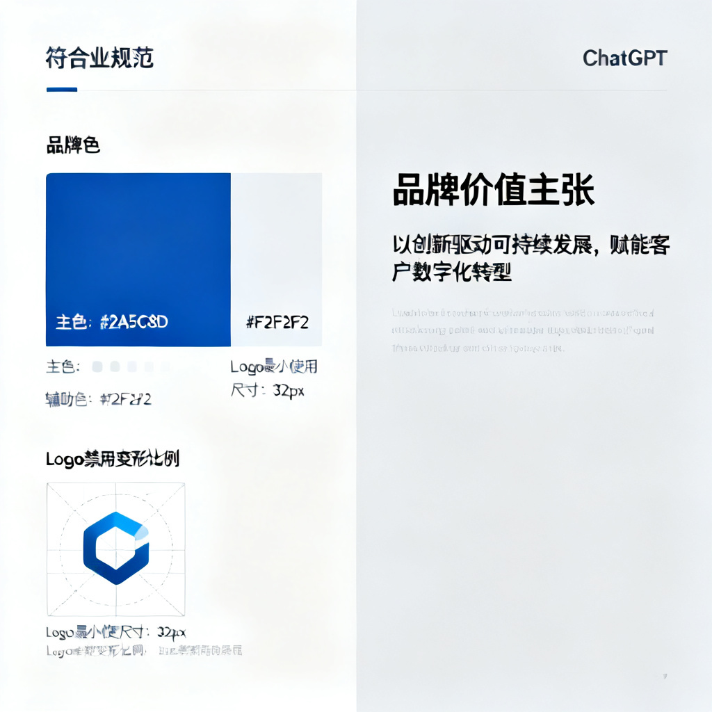 一个企业品牌PPT页面，左侧展示品牌色板与Logo规范，右侧是ChatGPT生成的符合规范的演示页面，整体风格现代、简洁、专业