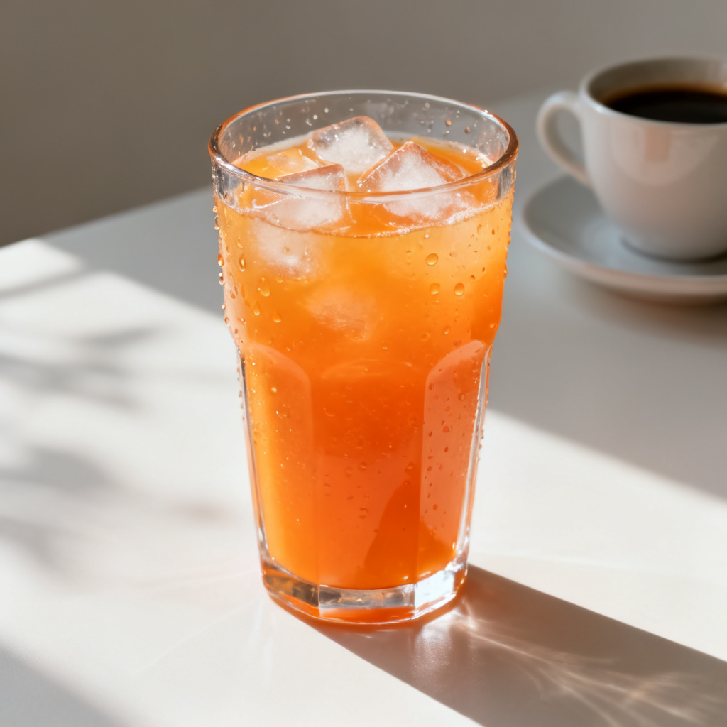 A slide with a cup of coffee, user selects the cup area, AI replaces it with a glass of orange juice, seamless lighting and shadow integration