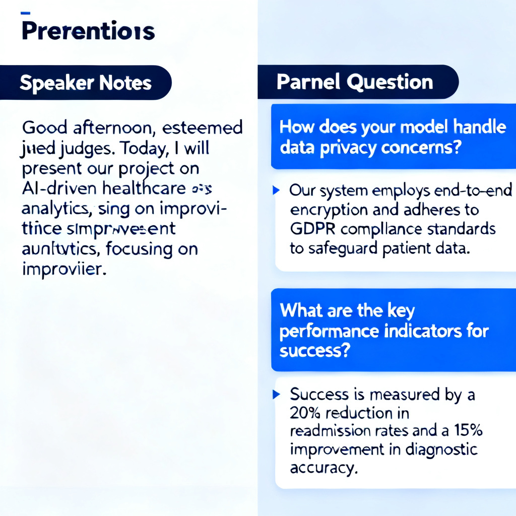 A screenshot showing a ChatPPT-generated defense script with speaker notes on the left side, and a panel on the right side listing potential questions from judges with suggested answers.