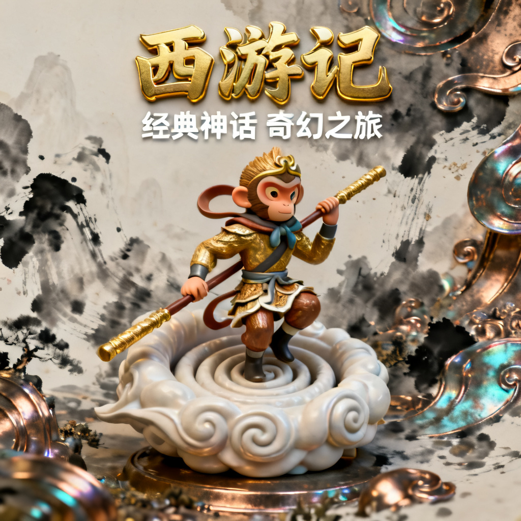 3D西游记风PPT封面，孙悟空与筋斗云立体模型，背景为水墨与金属混合质感，细节丰富