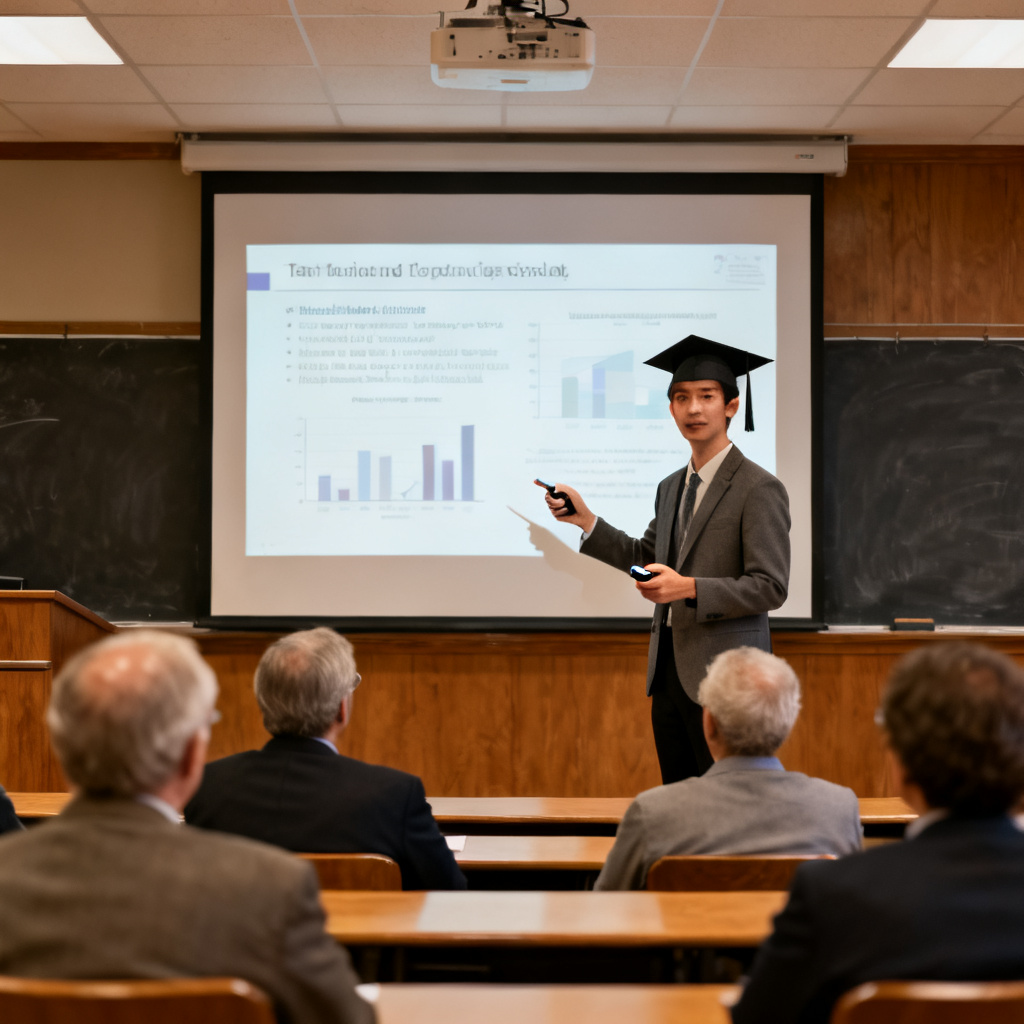 A confident graduate student standing in front of a projector screen, holding a clicker and pointing at a PPT slide, with a calm and prepared expression, the audience of professors looking attentively
