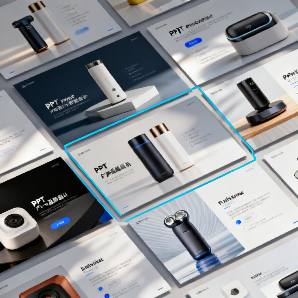 一张包含多个产品展示的PPT页面，用户用矩形框选其中一个区域，输入指令后该区域被替换为另一产品，且保持原有光影、配色和排版风格。