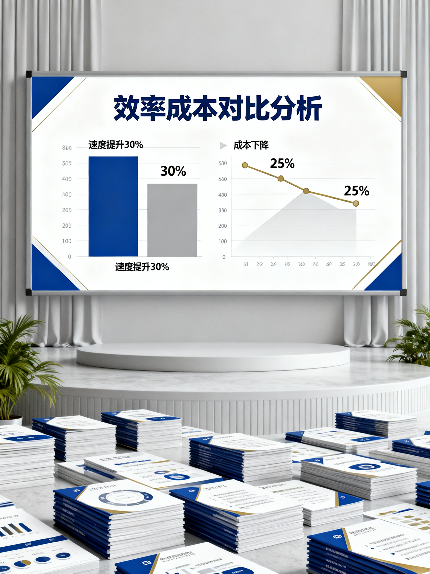 效率成本对比,批量生成数十页创意演示文稿,速度提升与成本下降数据图,商务风格
