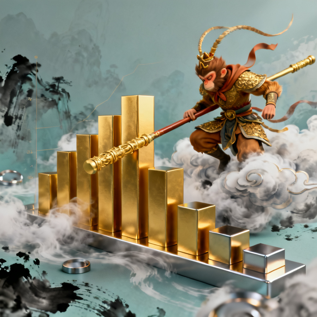3D西游记风格幻灯片，孙悟空腾云驾雾，金箍棒化为图表柱状图，水墨风背景与立体元素结合
