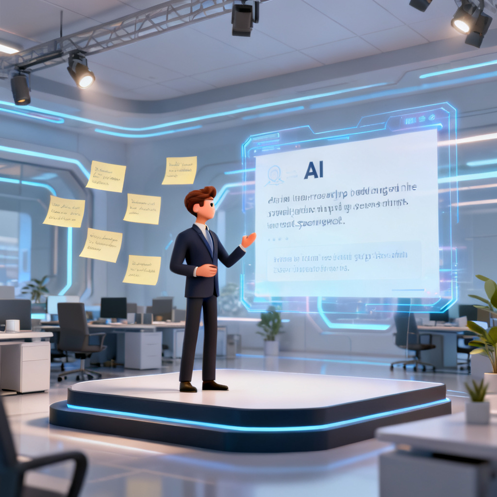 A professional presenter standing on stage, a holographic slide showing AI-generated speech notes floating beside them, futuristic office environment, clean and bright lighting, 3D rendering style, high detail.