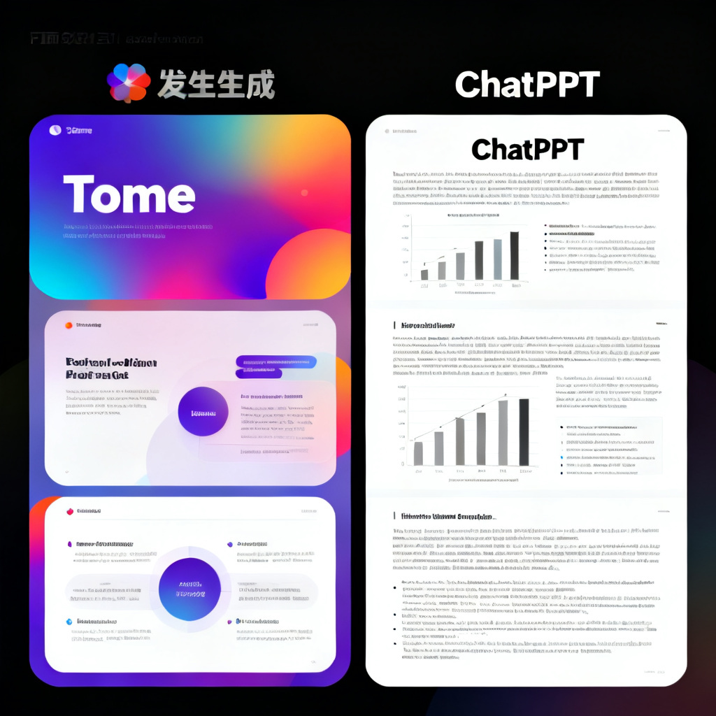 左右对比图，左侧是Tome生成的PPT页面，包含花哨的渐变色和圆角布局，右侧是ChatPPT生成的学术模板，使用纯白背景、标准字体和清晰的图表，强调严谨性