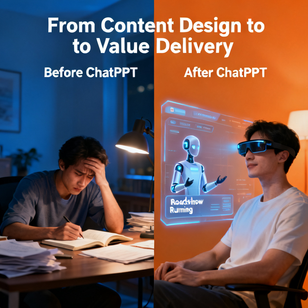 A split-screen scenario showing "Before ChatPPT" vs "After ChatPPT". Before: a stressed person working late at night on a manuscript. After: a relaxed person wearing AR glasses, with ChatPPT interface showing "Roadshow Running" and an AI avatar presenting. Text overlay reads "From Content Design to Value Delivery".