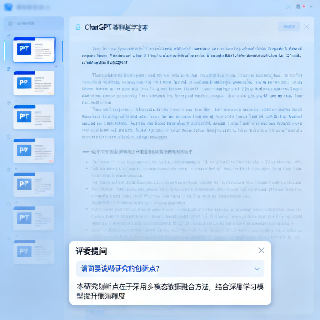一张截图，显示ChatGPT生成的答辩逐字稿页面，左侧为PPT缩略图，右侧为逐字稿文本，底部有一个“评委提问”弹窗，包含问题与参考答案。