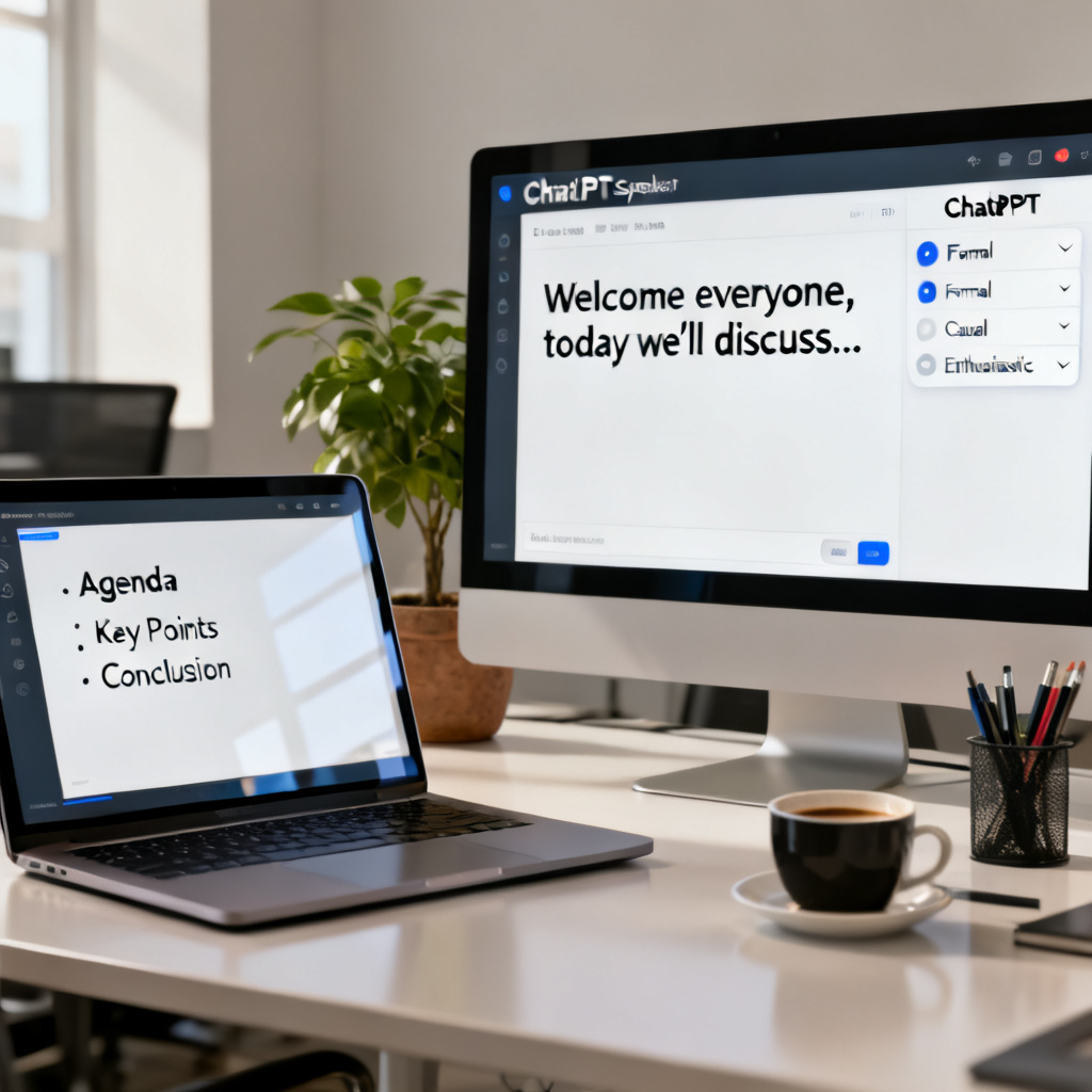 A side-by-side comparison: left side shows a traditional PPT with bullet points only, right side shows ChatPPT's speaker view with full script and tone options, photorealistic, professional office setting