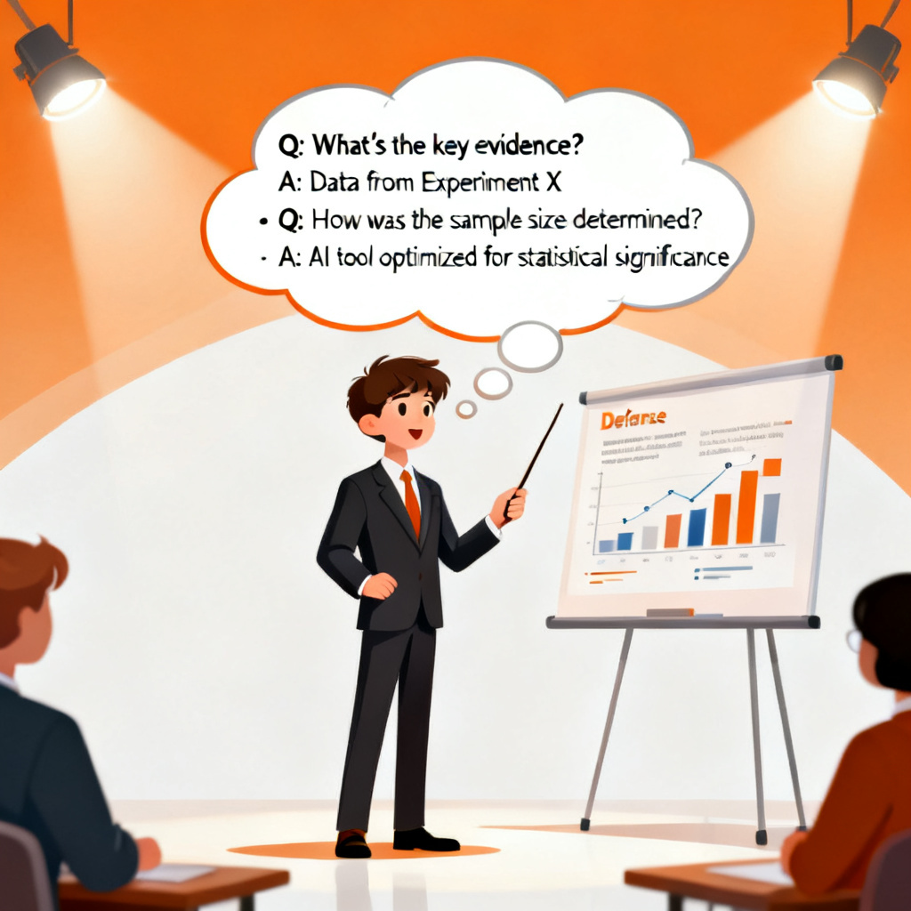 A student confidently presenting a defense slide, with a thought bubble showing a list of potential jury questions and answers generated by an AI tool.