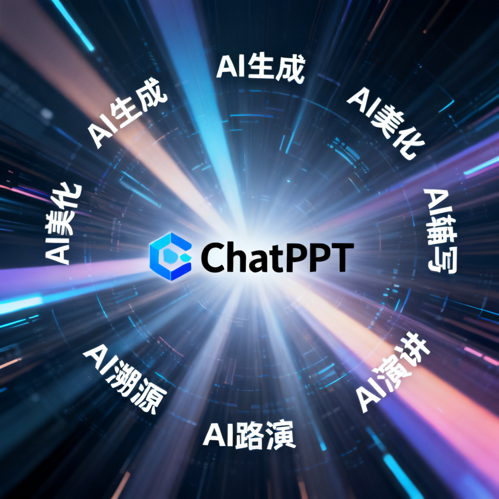 一个动态的ChatPPT品牌标志，周围环绕着“AI生成、AI美化、AI辅写、AI溯源、AI演讲、AI路演”等文字，背景是科技感的光束