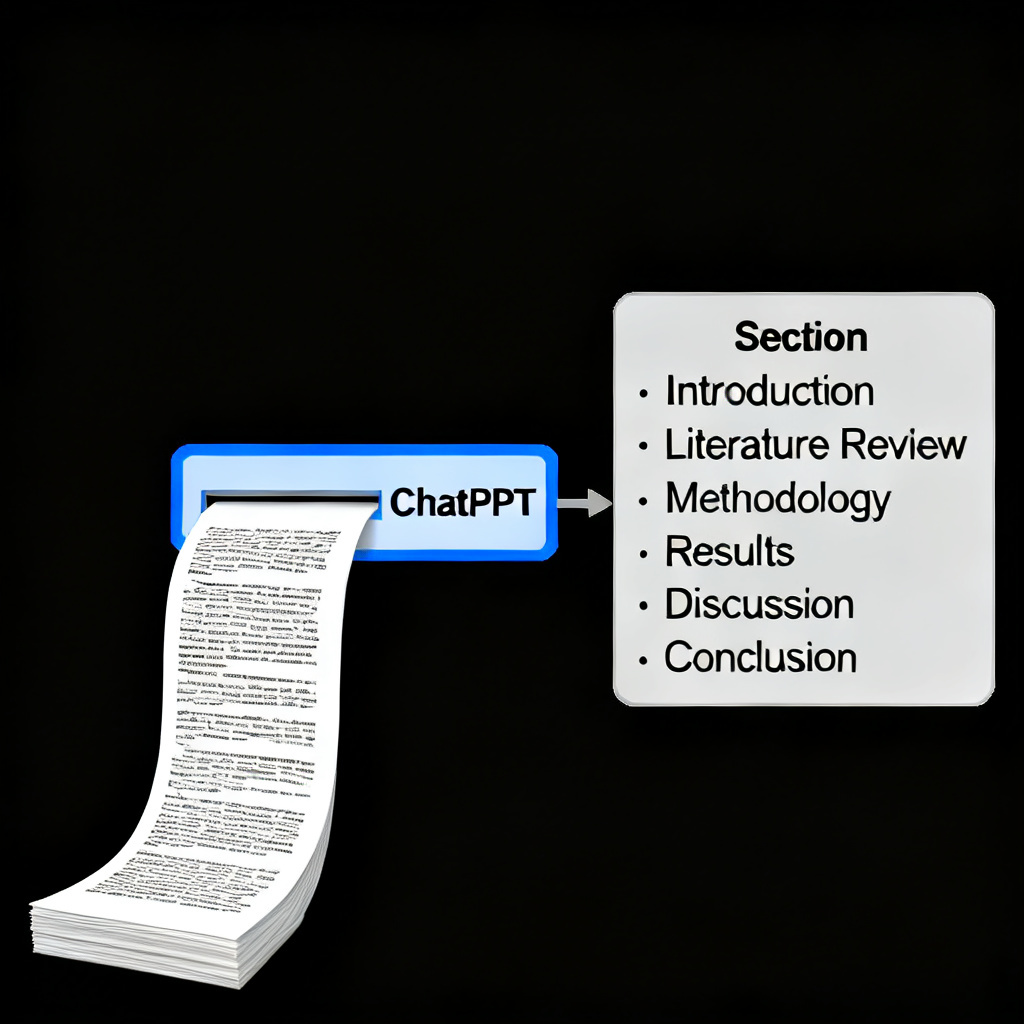 A detailed diagram showing a long academic paper being fed into ChatPPT, which then outputs a logically structured presentation outline with clear sections: Introduction, Literature Review, Methodology, Results, Discussion, and Conclusion.