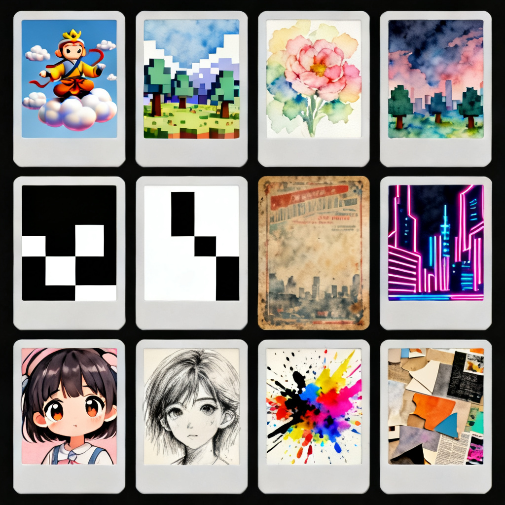 A grid of 10 mini slides generated in batch, each with unique creative style like 3D Journey to the West, pixel art, watercolor, etc.
