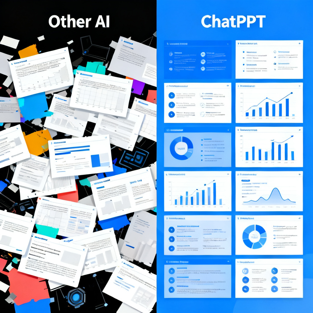 A split screen comparing two PPT slides: one is chaotic with missing data, the other is well-structured with clear charts and bullet points, labeled 'Other AI' vs 'ChatPPT', infographic style