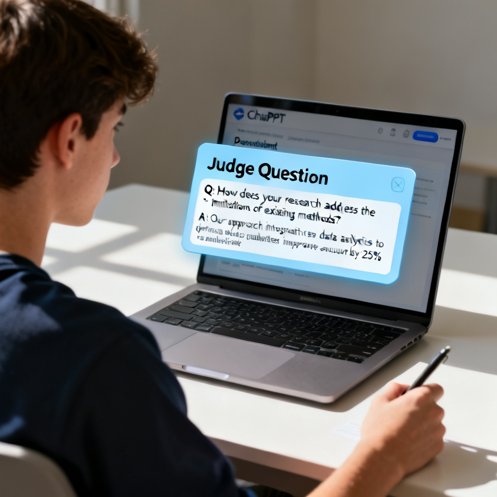 A mockup of a student using ChatPPT's defense assistant feature, with a virtual 'judge question' popup and suggested answer. Style: realistic, focused on user experience.