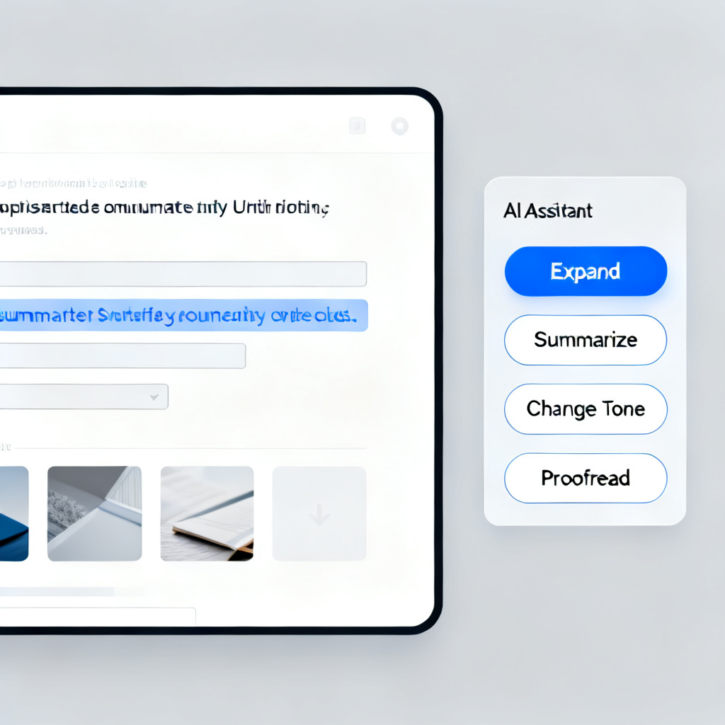 Split screen of a PPT editor: left side shows a slide with editable text and image placeholders; right side shows an AI assistant panel with buttons for 'Expand', 'Summarize', 'Change Tone', 'Proofread'. The user selects text on the left.