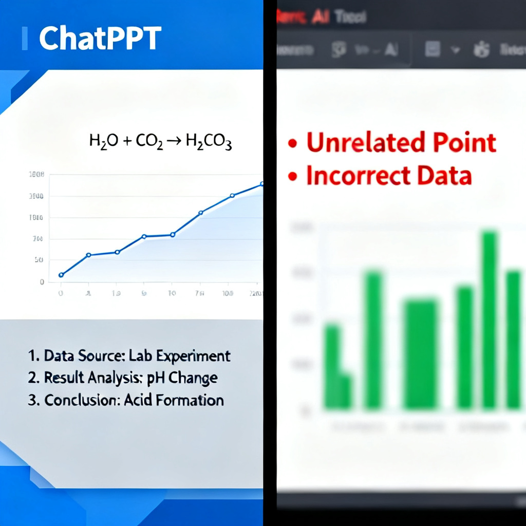 A split-screen comparison of academic slide layouts. Left side: a ChatPPT-generated slide with a clear line chart, chemical formula, and bullet points in a blue-gray theme. Right side: a generic AI tool's slide with mismatched colors, poorly aligned text, and a blurry chart.