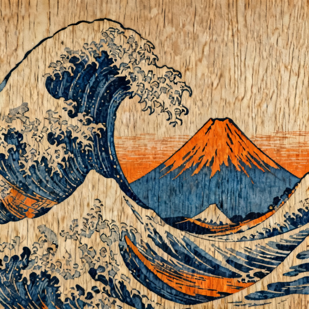 浮世绘版画风格，葛饰北斋风格，海浪与富士山元素，木版印刷纹理，蓝色与橙色对比，日本传统美学