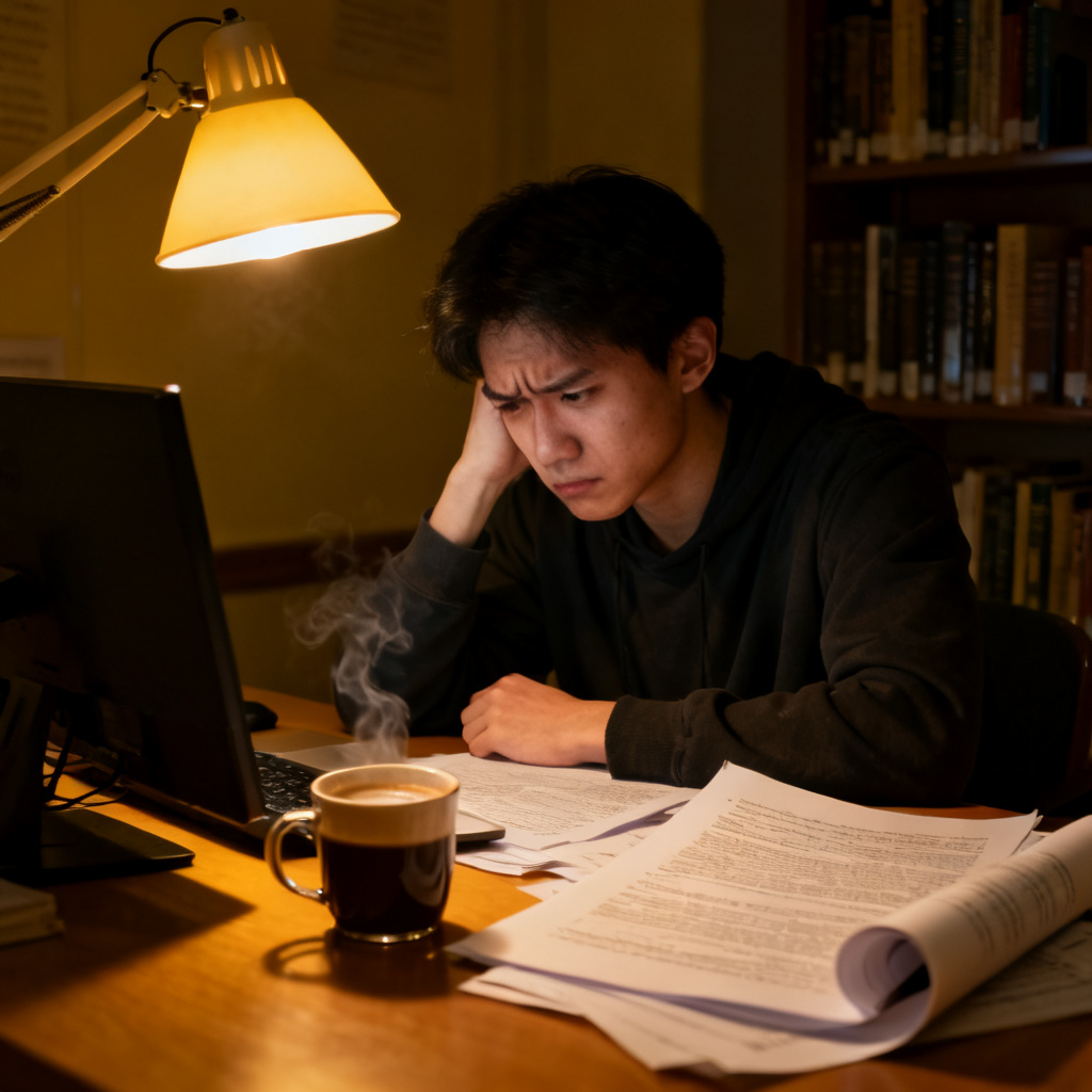 一个研究生深夜面对电脑屏幕愁眉不展，桌上散乱着论文稿，旁边放着一杯咖啡，背景是台灯与书架
