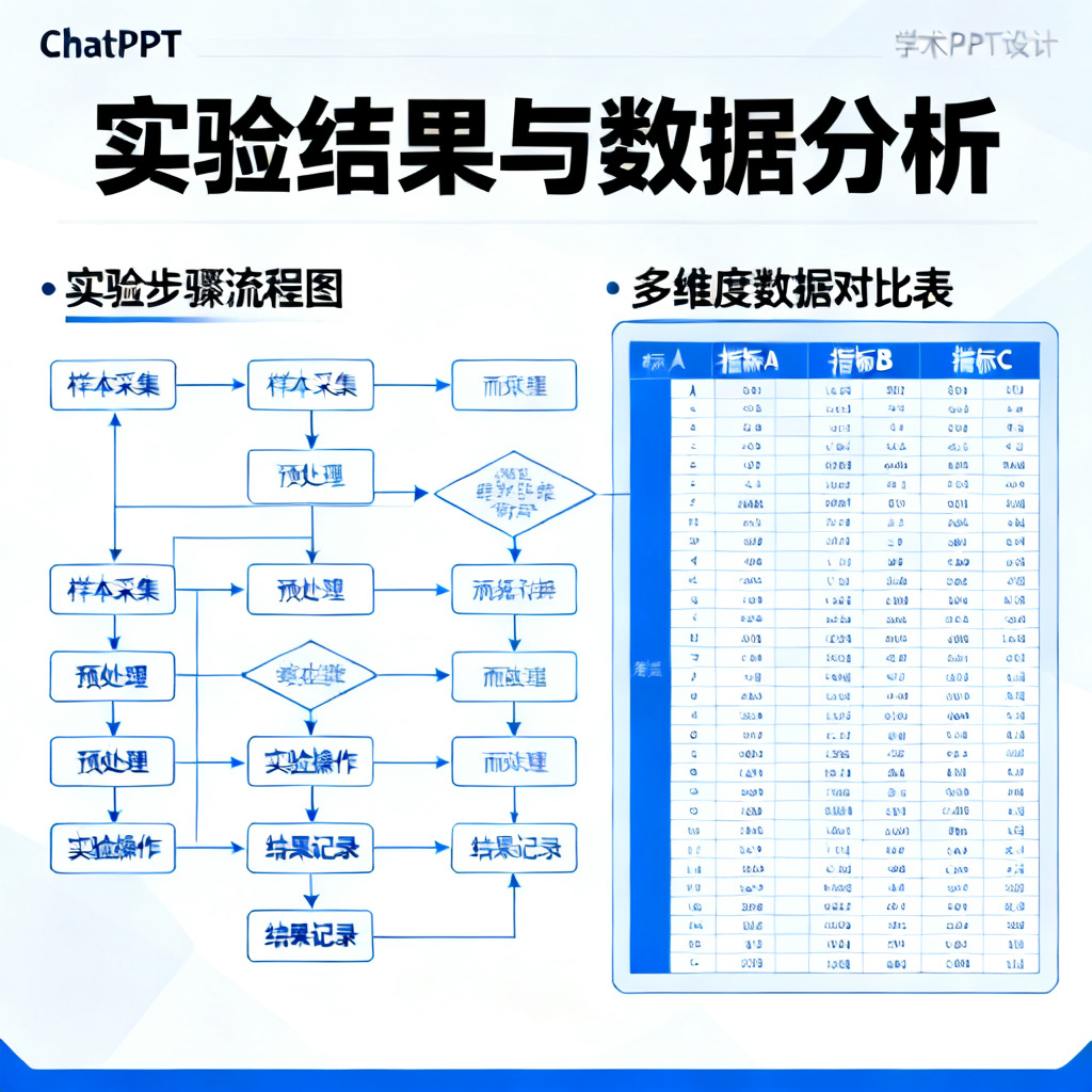 一张展示ChatPPT生成的学术论文PPT页面,包含复杂的实验流程图与多维度的数据对比表,排版清晰严谨