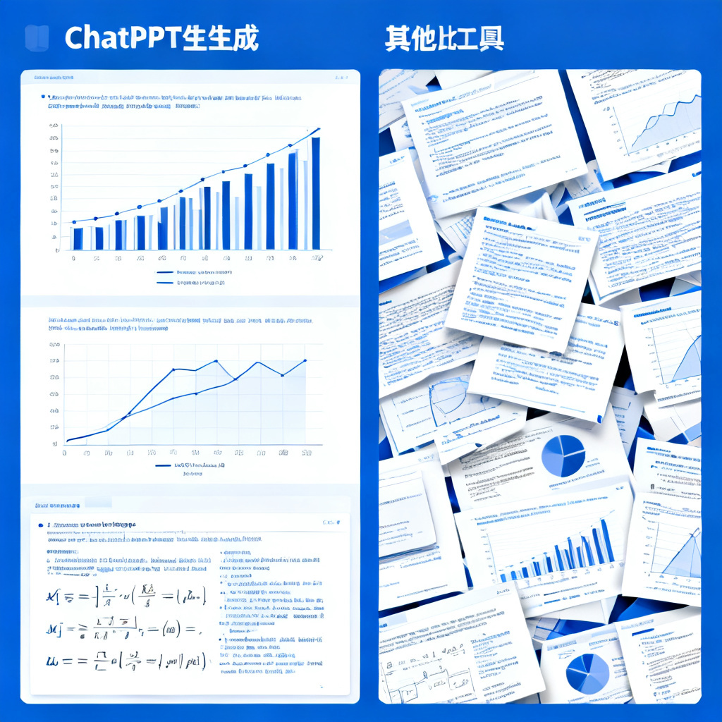 一组并排对比图:左侧是ChatPPT生成的学术PPT,包含清晰的数据图表和公式;右侧是其他工具生成的PPT,排版杂乱、重点不突出