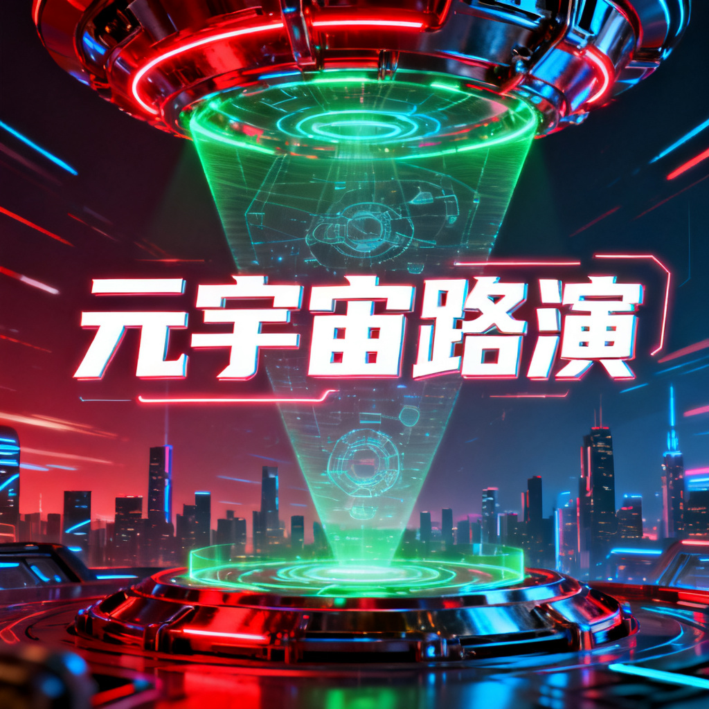 赛博朋克风格元宇宙路演PPT封面，霓虹灯光与金属质感，全息投影元素，背景是未来城市天际线