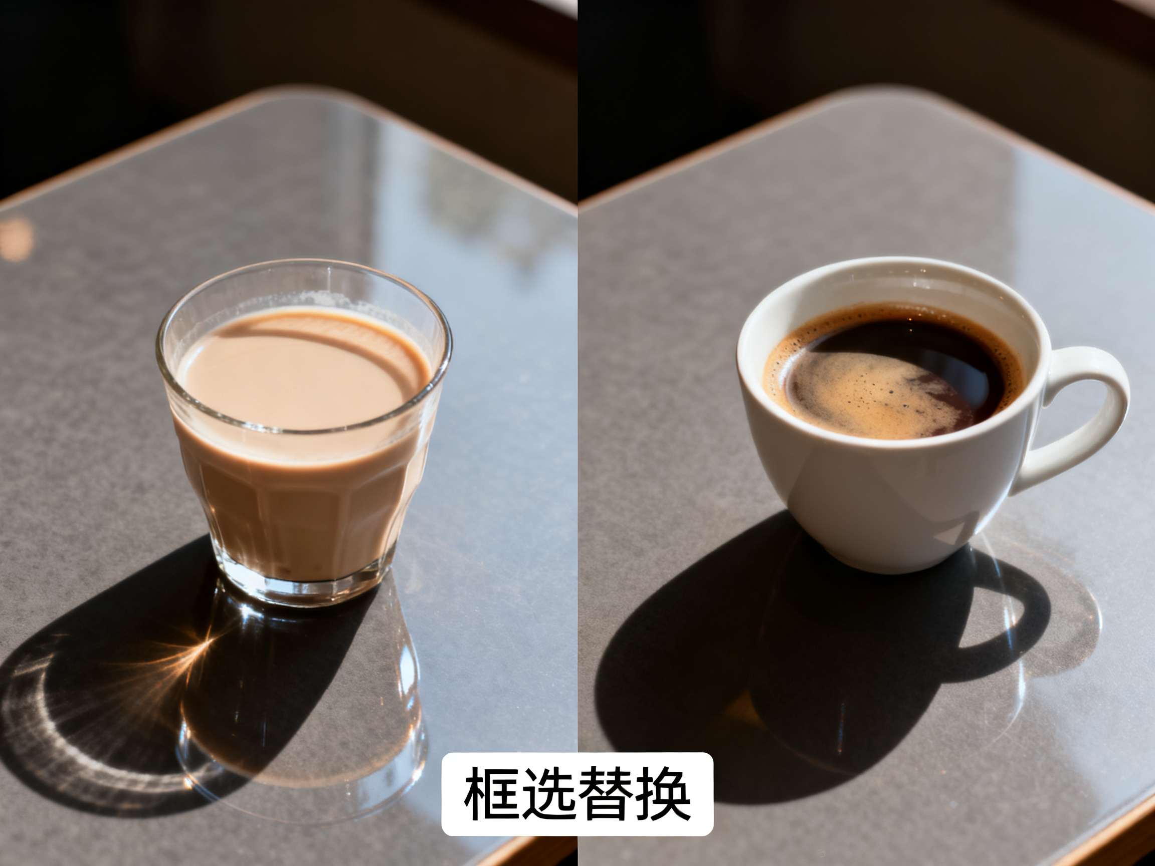 左右对照图，同一张演示页面，左图画面中桌面放着一杯奶茶，右图同一位置替换为一杯咖啡，杯体投影、桌面反光、整体色调保持一致，画面下方标注「框选替换」，写实风格，高清