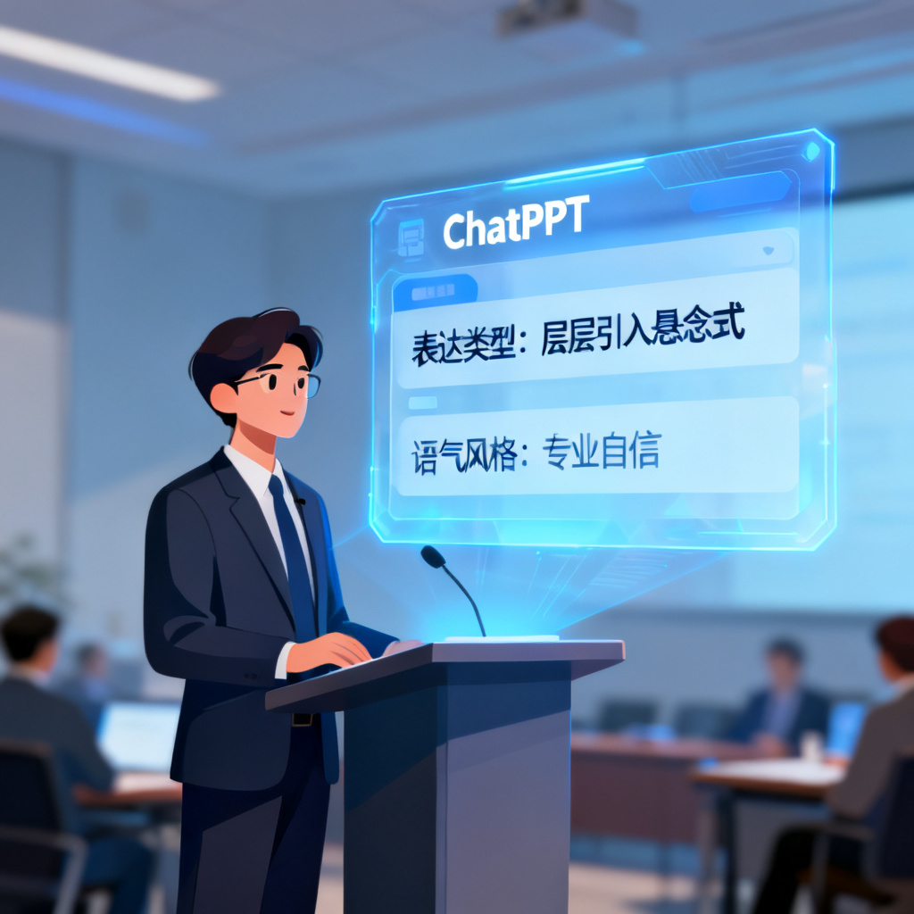 一位职场人士在演讲台前，面前悬浮着ChatPPT的演讲稿界面，界面显示‘表达类型：层层引入悬念式’和‘语气风格：专业自信’，背景是模糊的会议室。