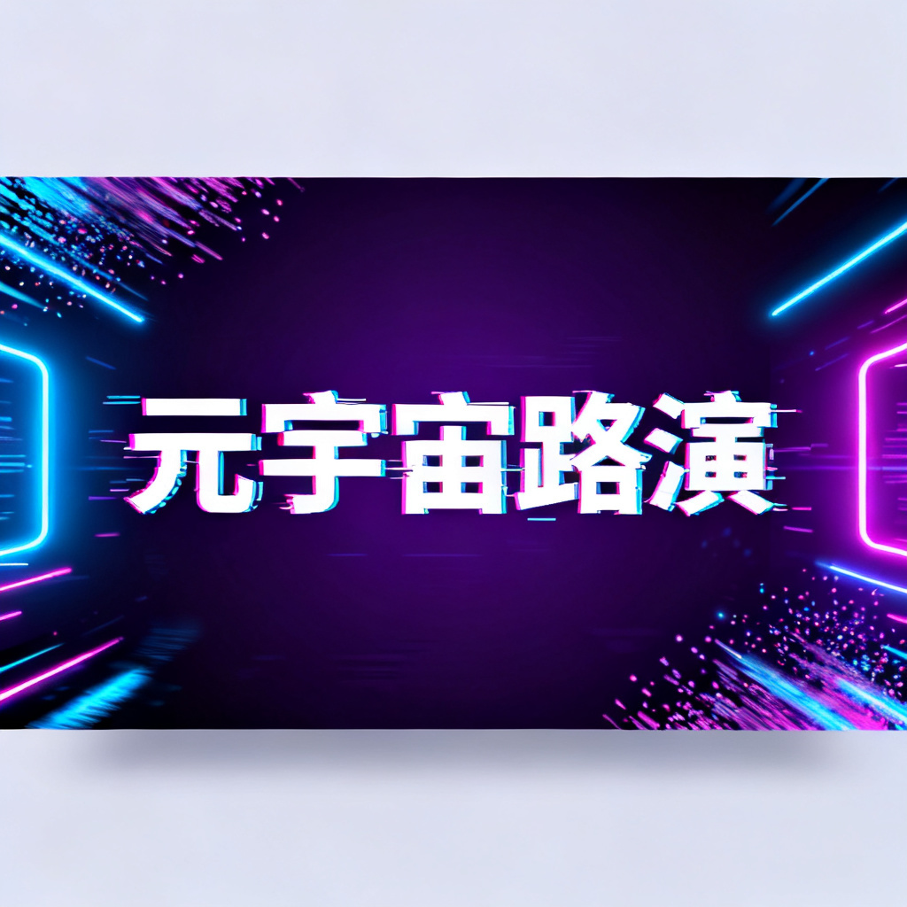 一张赛博朋克风格的PPT页面，背景为暗紫色与蓝色霓虹灯光，中央标题“元宇宙路演”采用故障艺术字体，页面边缘有动态粒子效果