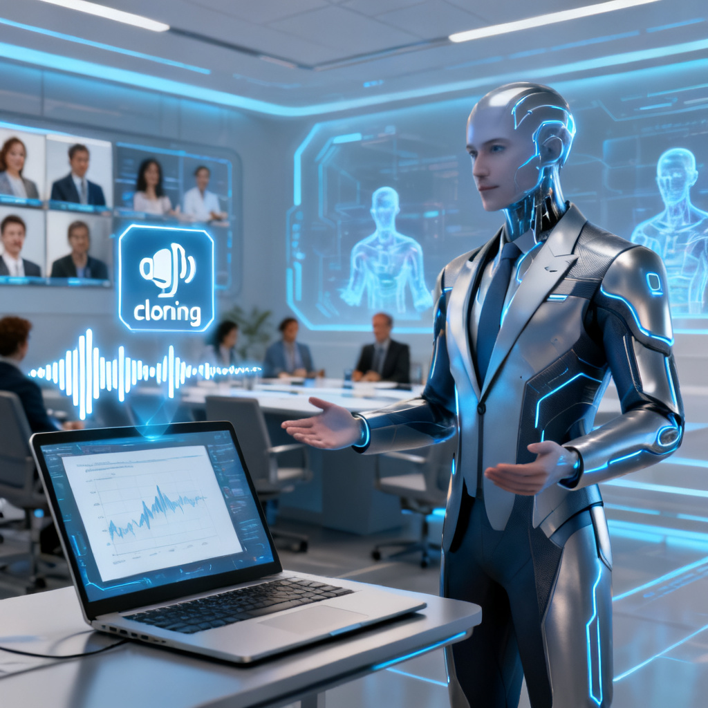 A futuristic concept art of a digital human avatar delivering a presentation on a laptop screen, with a voice waveform and a 'cloning' icon nearby. The background shows a virtual meeting room with remote participants. Style: sleek, sci-fi, corporate.