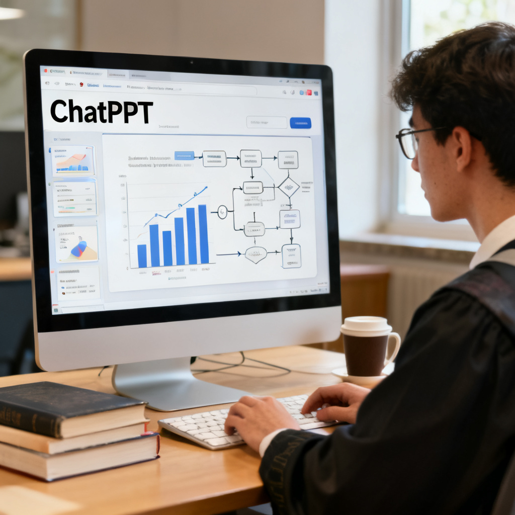 一位研究生在电脑前使用ChatPPT生成严谨学术风格PPT的场景，屏幕上有清晰的数据图表和流程图，画面写实，电脑显示屏有“ChatPPT”的页面轮廓