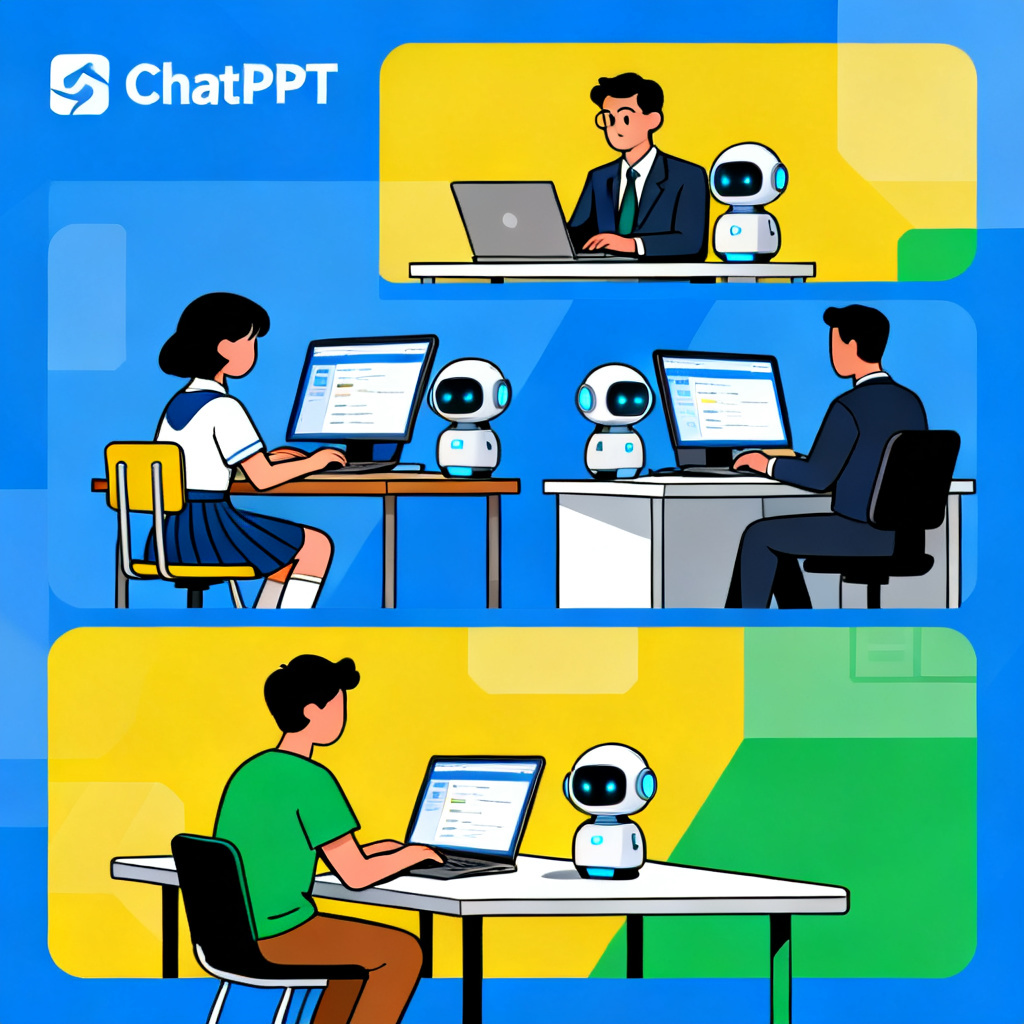 多个不同职业的人(学生、经理、创业者)同时使用ChatPPT,每个人面前都有智能助手,画面分割,明亮色彩,扁平化风格