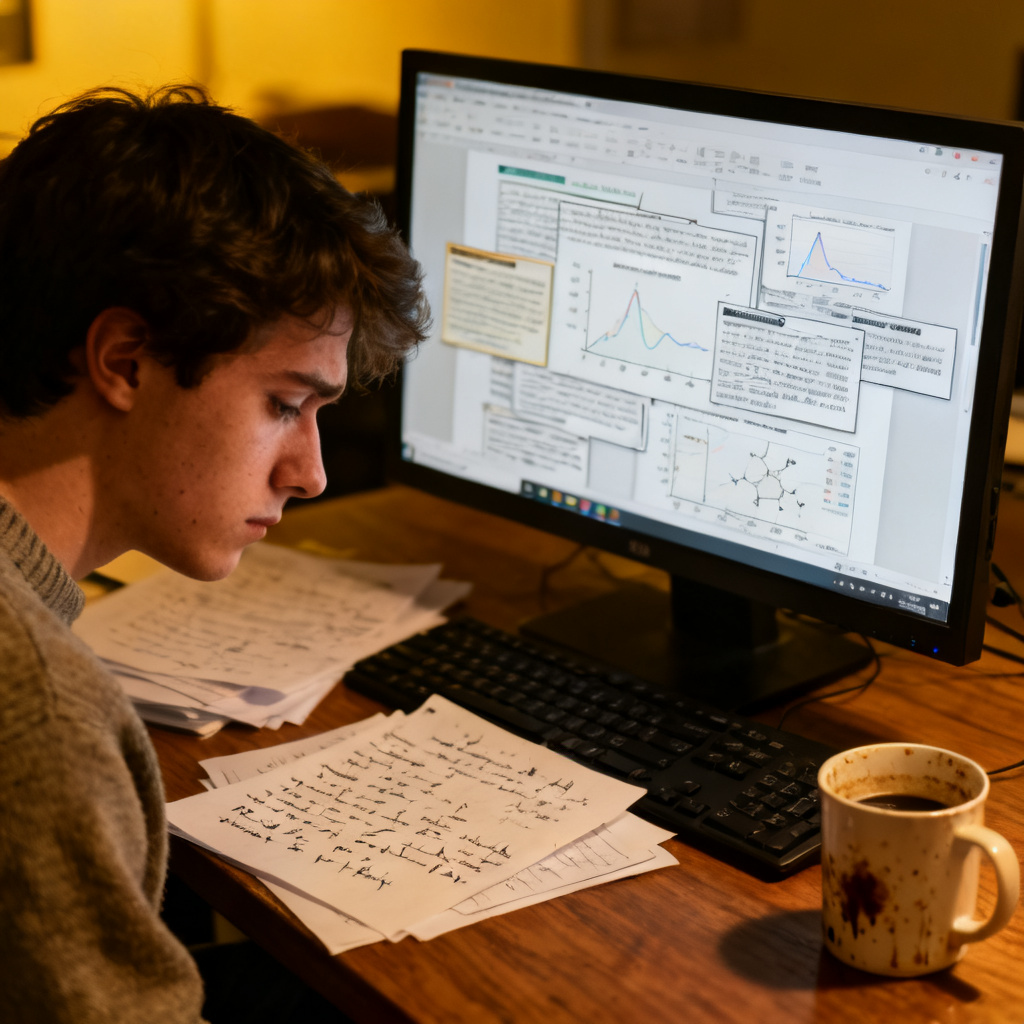 A graduate student sitting at a desk late at night, staring at a computer screen with a tired expression, surrounded by scattered papers and coffee cups, the screen showing a messy PowerPoint presentation with scientific data