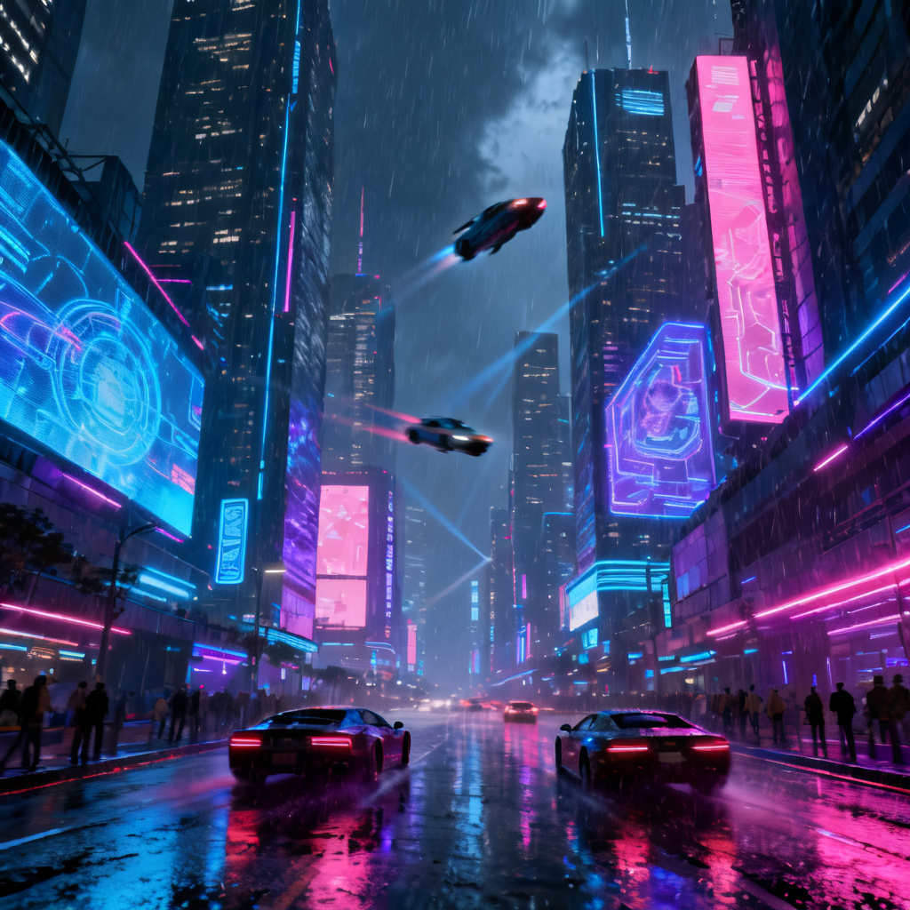 A futuristic cityscape with neon lights, cyberpunk style, high detail, 8K, cinematic lighting