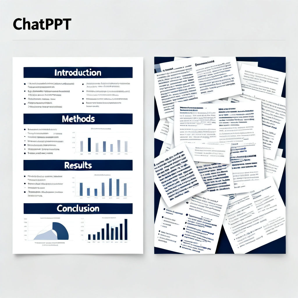 A side-by-side comparison of two PowerPoint slides generated from the same academic paper. The left slide (from ChatPPT) shows a clear structure with sections like 'Introduction', 'Methods', 'Results', and 'Conclusion' separated by distinct headers. The right slide (from a generic tool) shows a chaotic layout with overlapping text and missing data. The overall style is professional and academic.