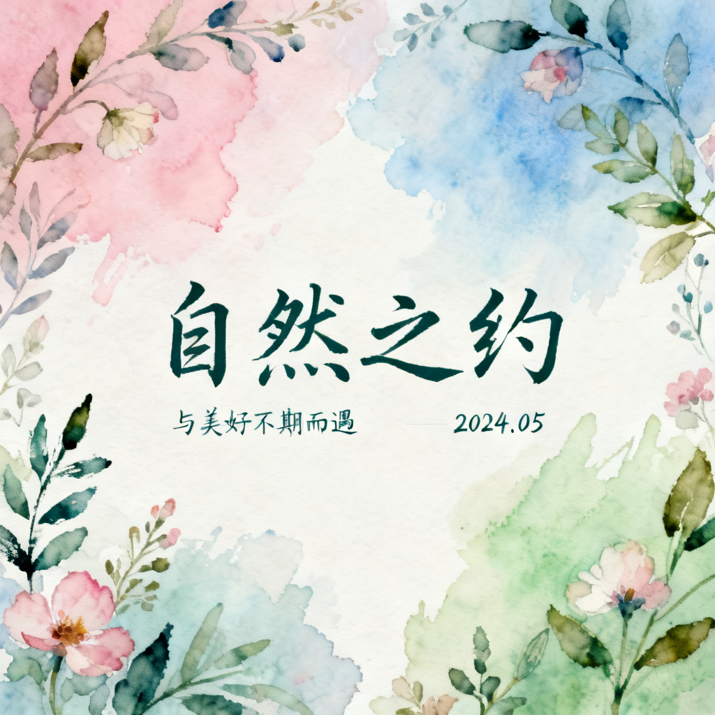梦幻水彩风格，柔和的渐变色彩，手绘感笔触，植物与花卉元素作为装饰，字体采用手写体，页面留白较多，整体氛围清新自然。