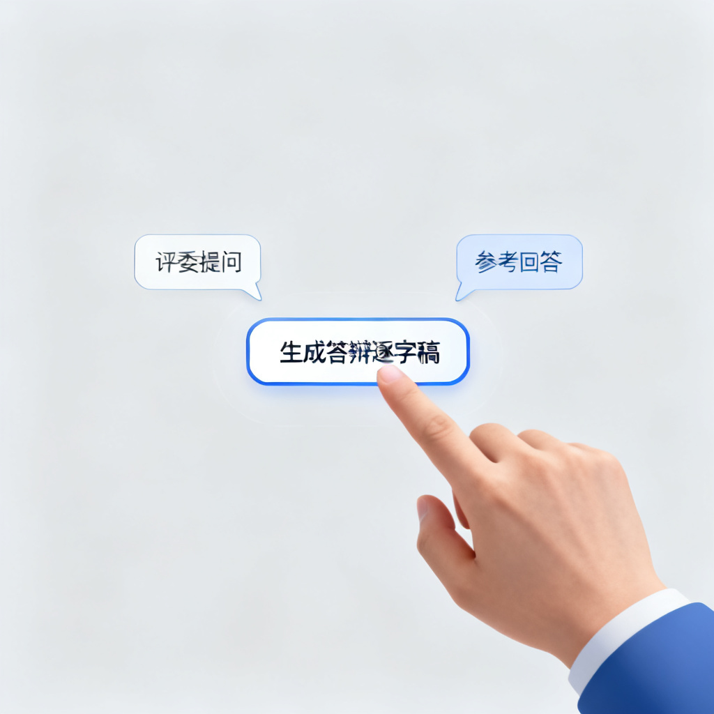一只手在点击“生成答辩逐字稿”按钮，界面周围浮现对话气泡，气泡内是“评委提问”与“参考回答”的缩略内容，风格极简