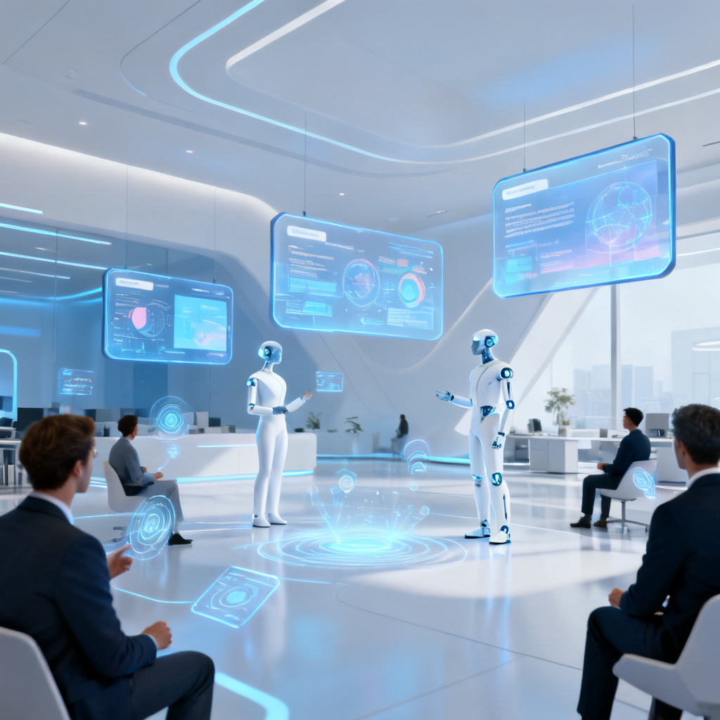 A futuristic office scene with multiple floating holographic displays showing dynamic presentations, AI avatars narrating, and audience members interacting via voice. Sophisticated, clean, minimalist.