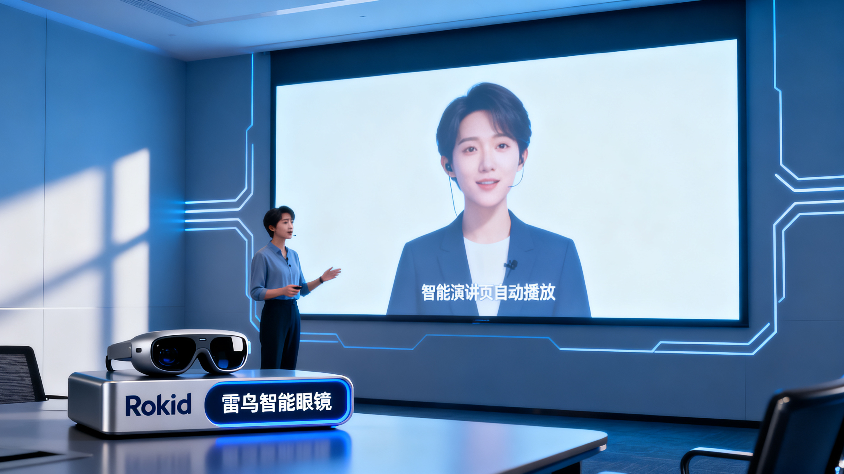 智能演讲页自动播放，虚拟数字人用克隆声音讲解，旁边显示 Rokid 与雷鸟智能眼镜作为隐形提词器，未来办公场景，写实科技风