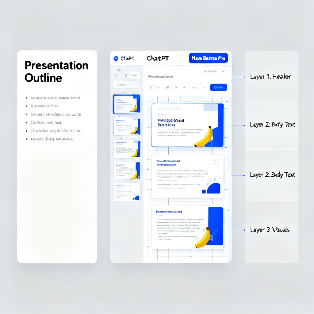 Professional workflow with ChatPPT, text outline on left, ChatPPT interface generating presentation slides with Nano Banana Pro, final edited layers shown in right panel, clean productivity aesthetic