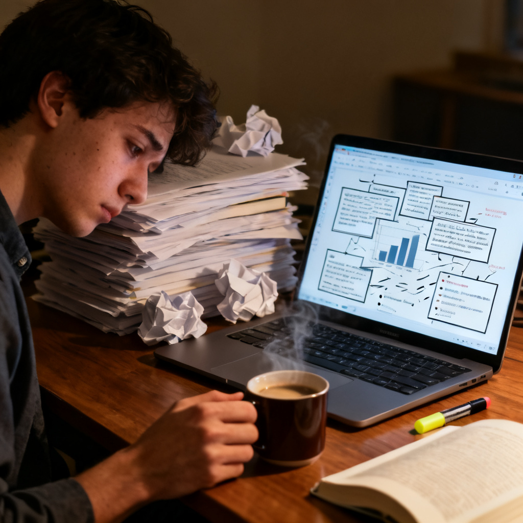 A PhD student sitting at a desk, looking exhausted with a stack of papers and a laptop showing a messy PPT draft. The screen glows with a chaotic mix of text and charts.
