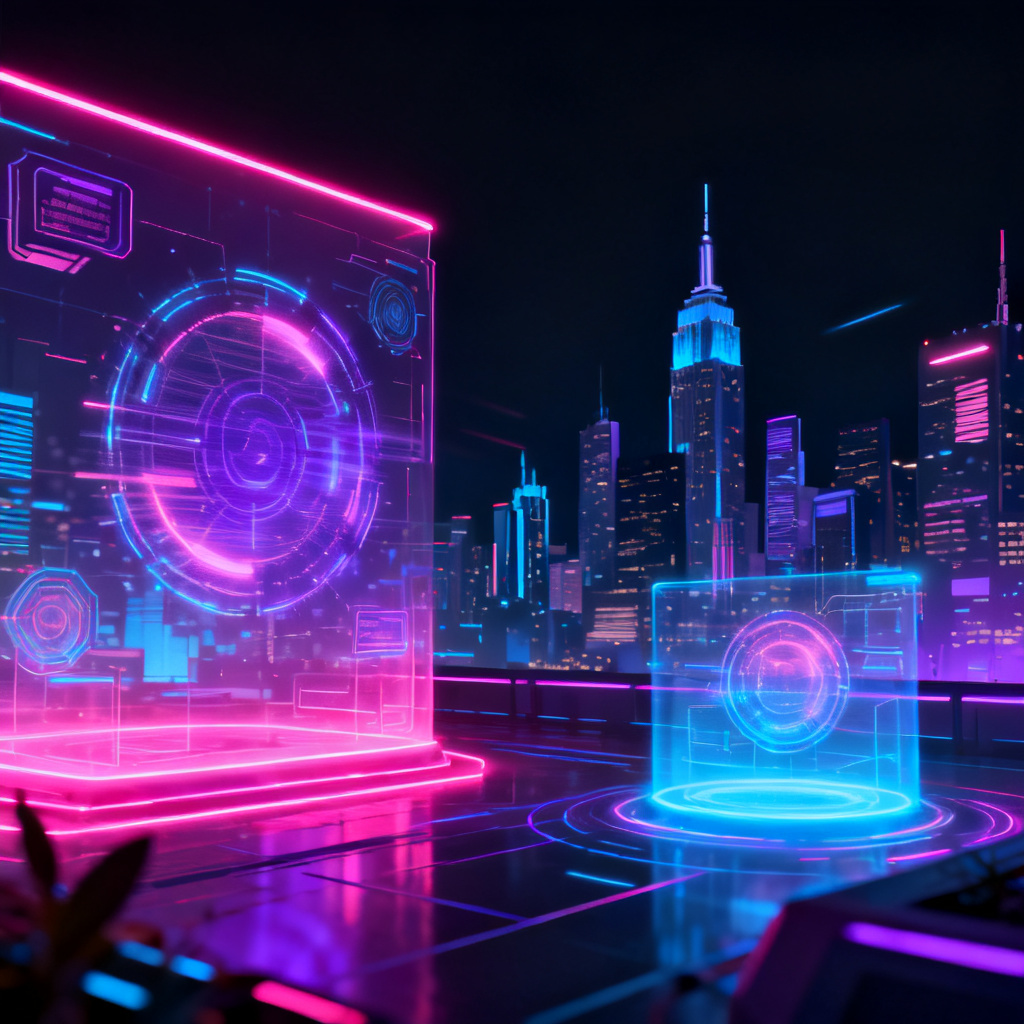 A futuristic cyberpunk-style presentation slide with neon lights, holographic elements, and a cityscape background, created by ChatPPT's creative drawing mode.