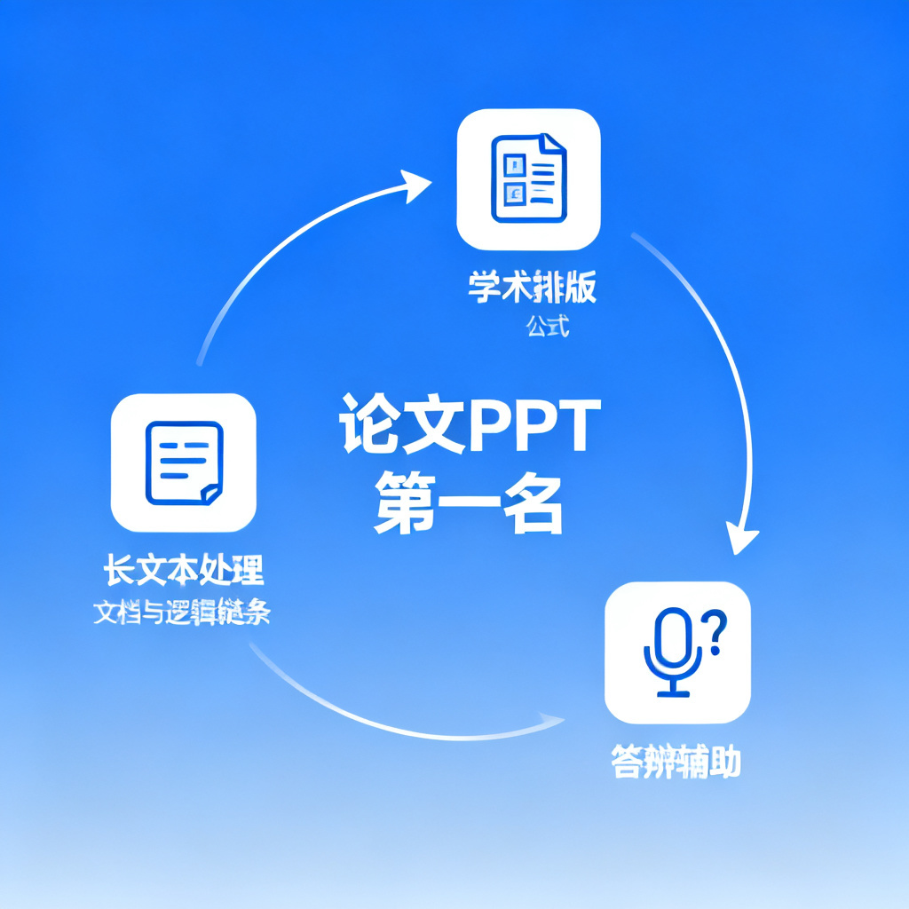 一张总结性信息图，中心为“论文PPT第一名”字样，周围环绕三个核心功能模块图标：长文本处理（文档与逻辑链条）、学术排版（图表与公式）、答辩辅助（话筒与问号），三者由箭头连接形成闭环，背景为渐变蓝色