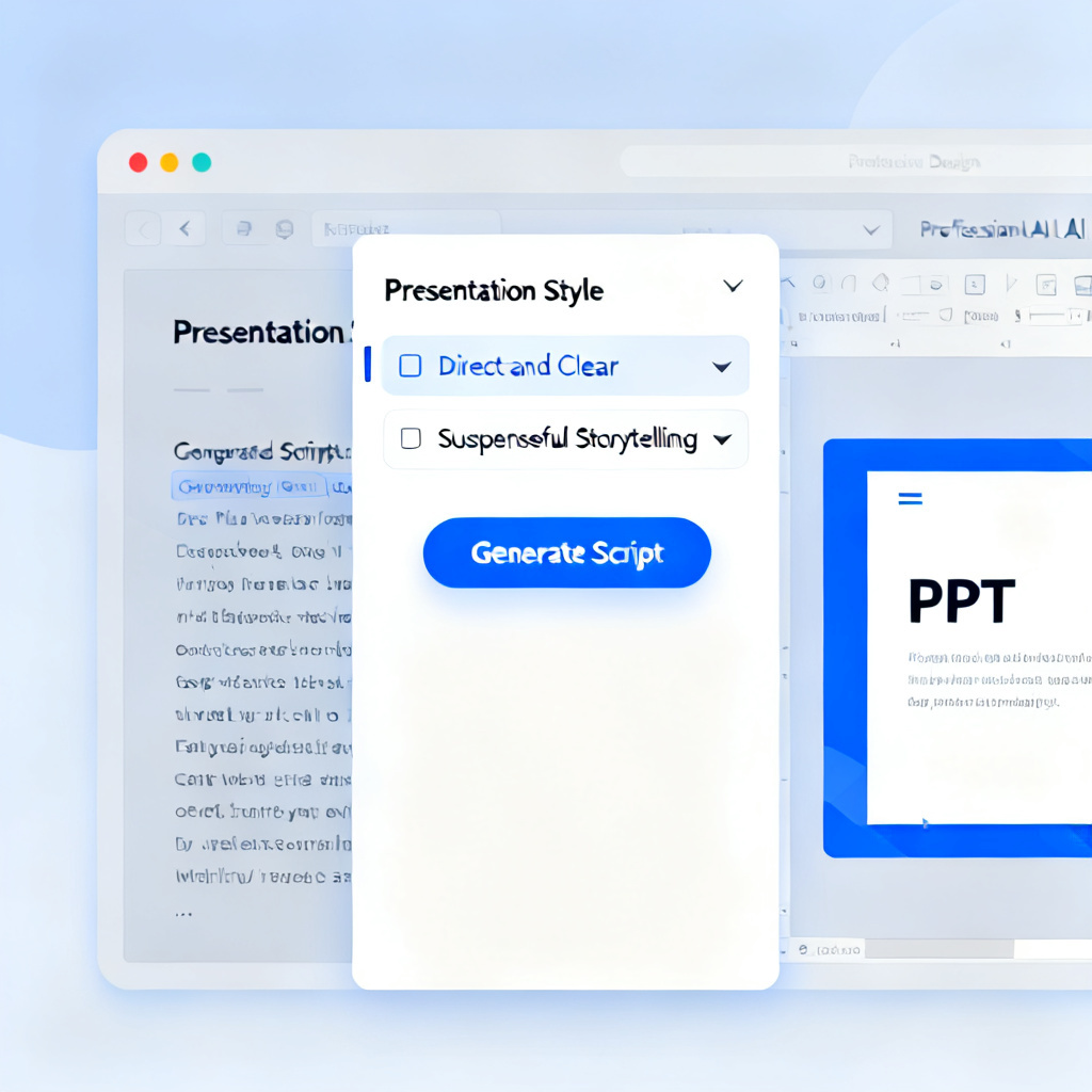 A professional AI interface showing a user selecting "Presentation Style" options like "Direct and Clear" or "Suspenseful Storytelling" for speech generation, with a split-screen preview of the generated script and the corresponding PPT slide.