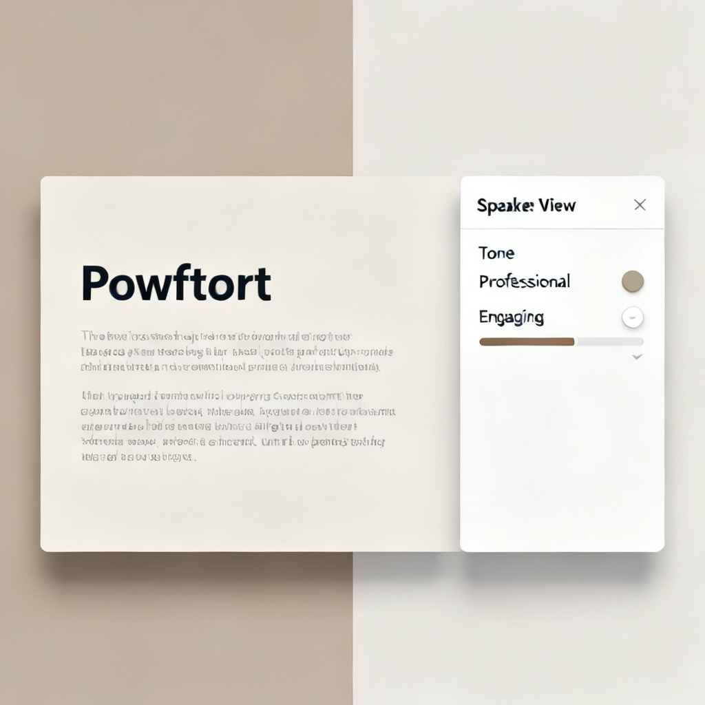 A split screen showing a PowerPoint slide on the left and a 'Speaker View' panel on the right, with editable text, tone options (e.g., 'Professional', 'Engaging'), and a progress bar.