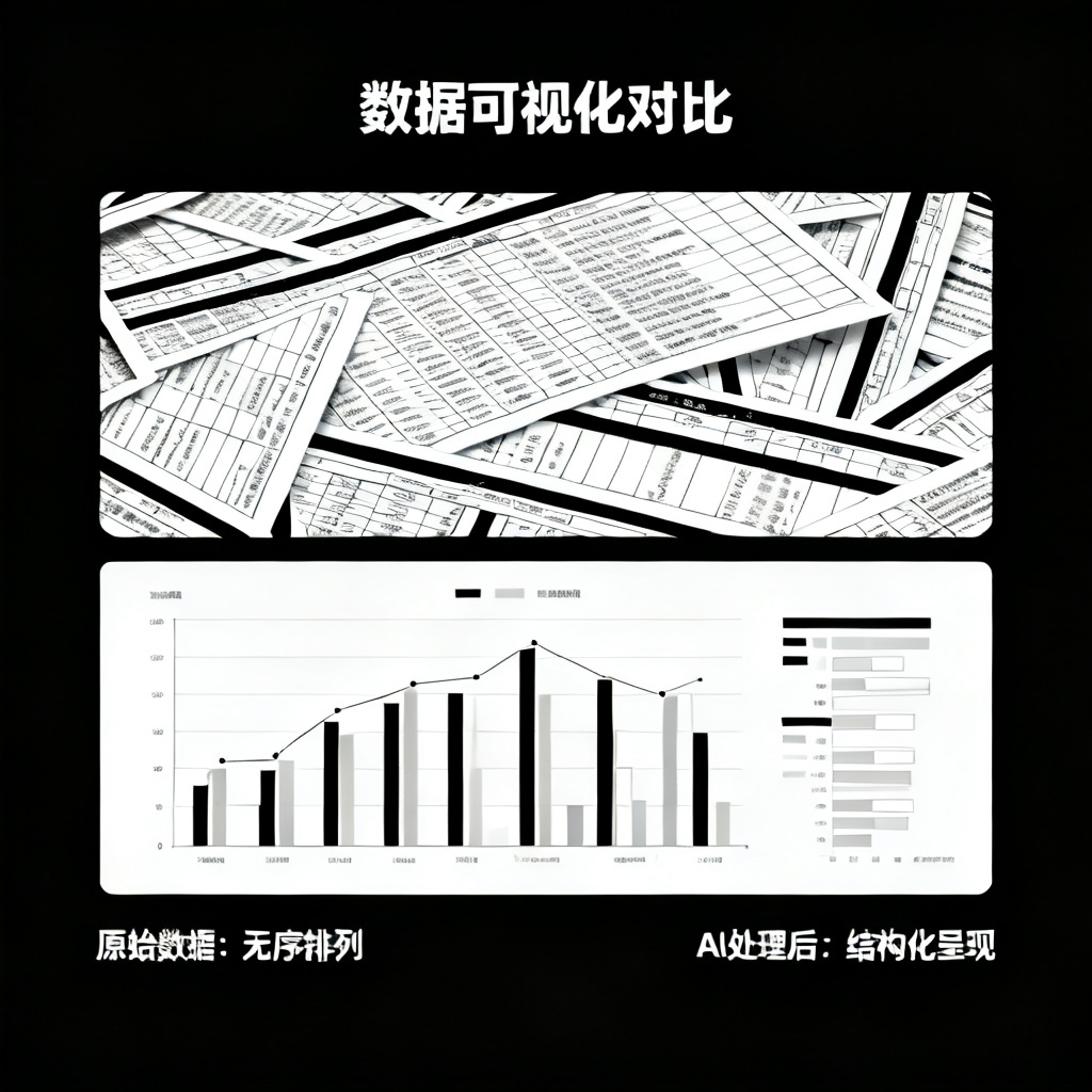 对比图，上半部分是一个杂乱无章的数据表格，下半部分是经过AI排版后的清晰图表，带有学术风格的标题和注释，极简主义。