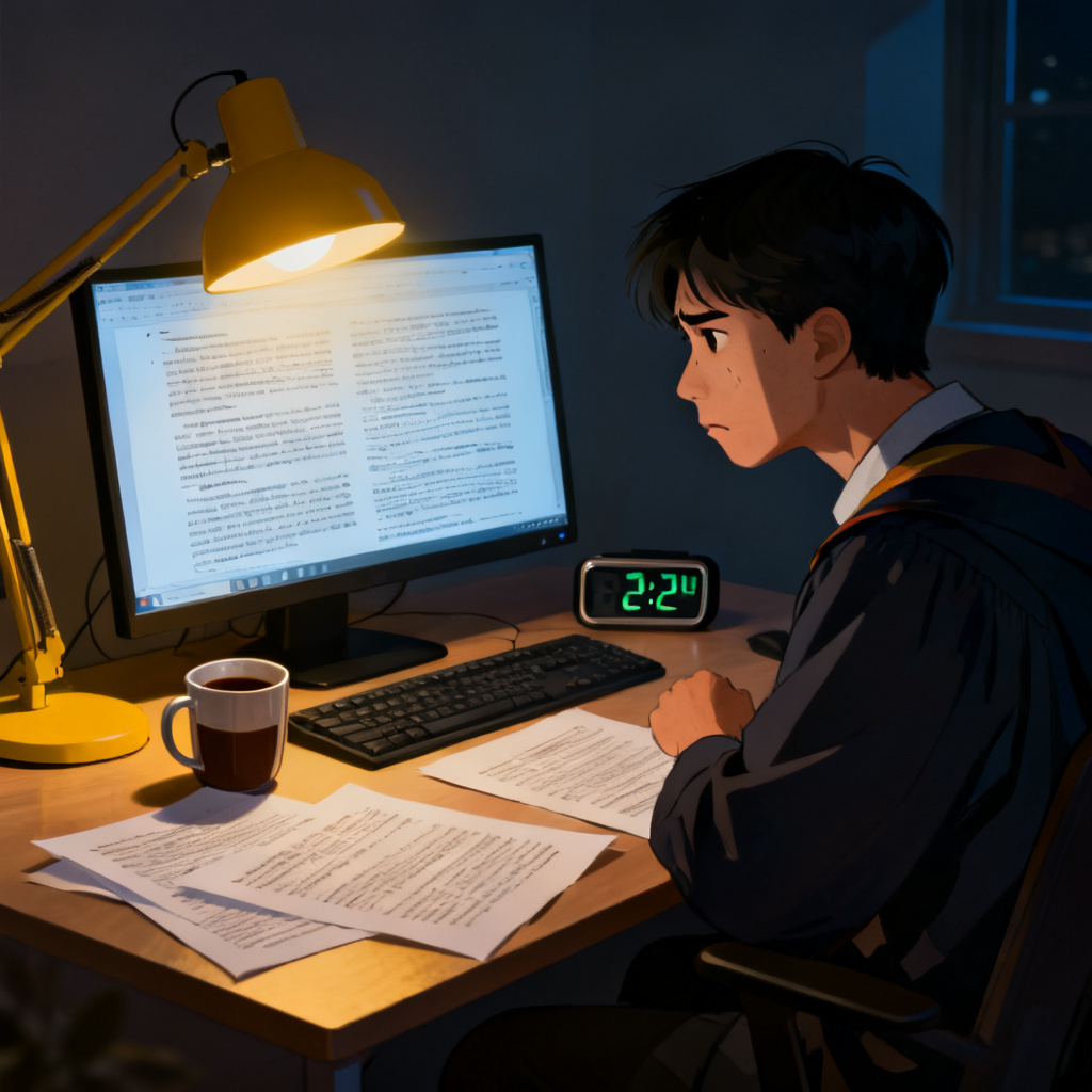 一张描绘博士生深夜面对电脑上密密麻麻论文的写实风格插画，表情焦虑，背景有咖啡杯和闹钟