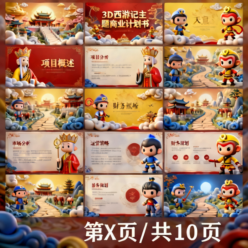 批量生成10页3D西游记风格的商业计划书PPT，每页风格一致且可独立编辑