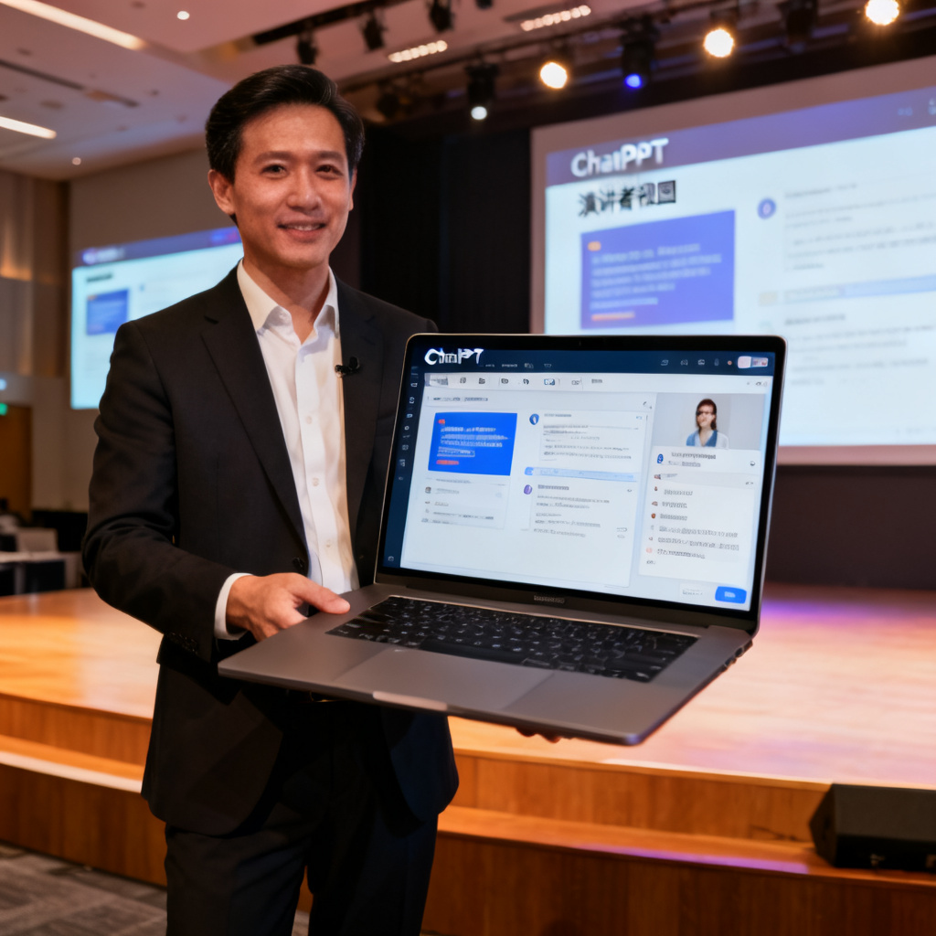 A professional presenter standing on a stage, using a laptop with ChatPPT interface visible on screen, showing a "演讲者视图" with synchronized slides and speaker notes. The background is a modern conference room with digital projection.
